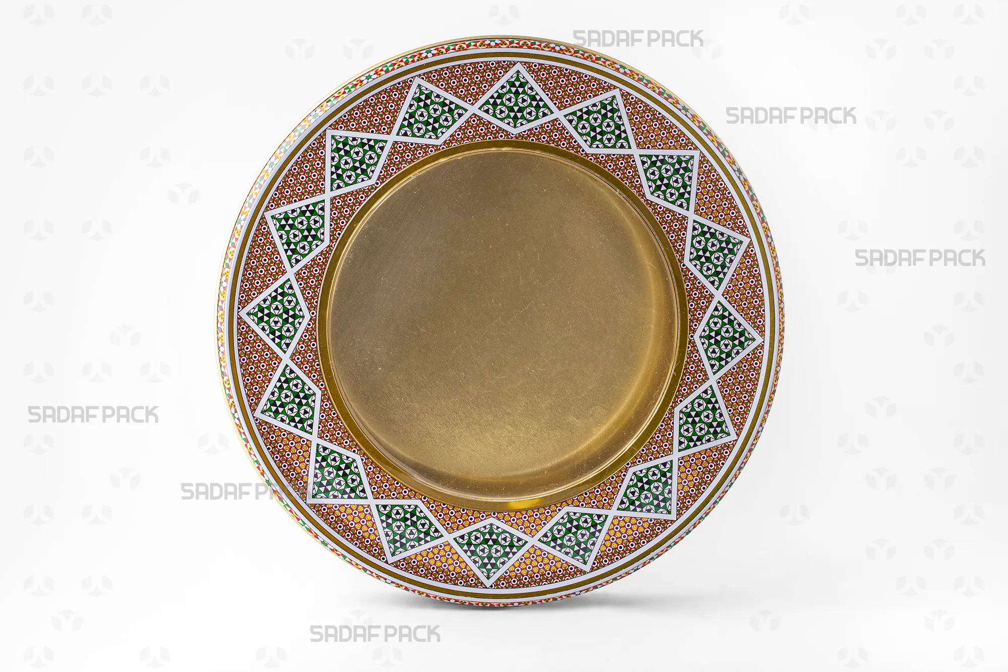 نمای جلوی قوطی فلزی گرد 23 سانتیمتری، نمایشگر بدنه فلزی مقاوم با عمق 3 سانتی متر و طراحی درب محصول