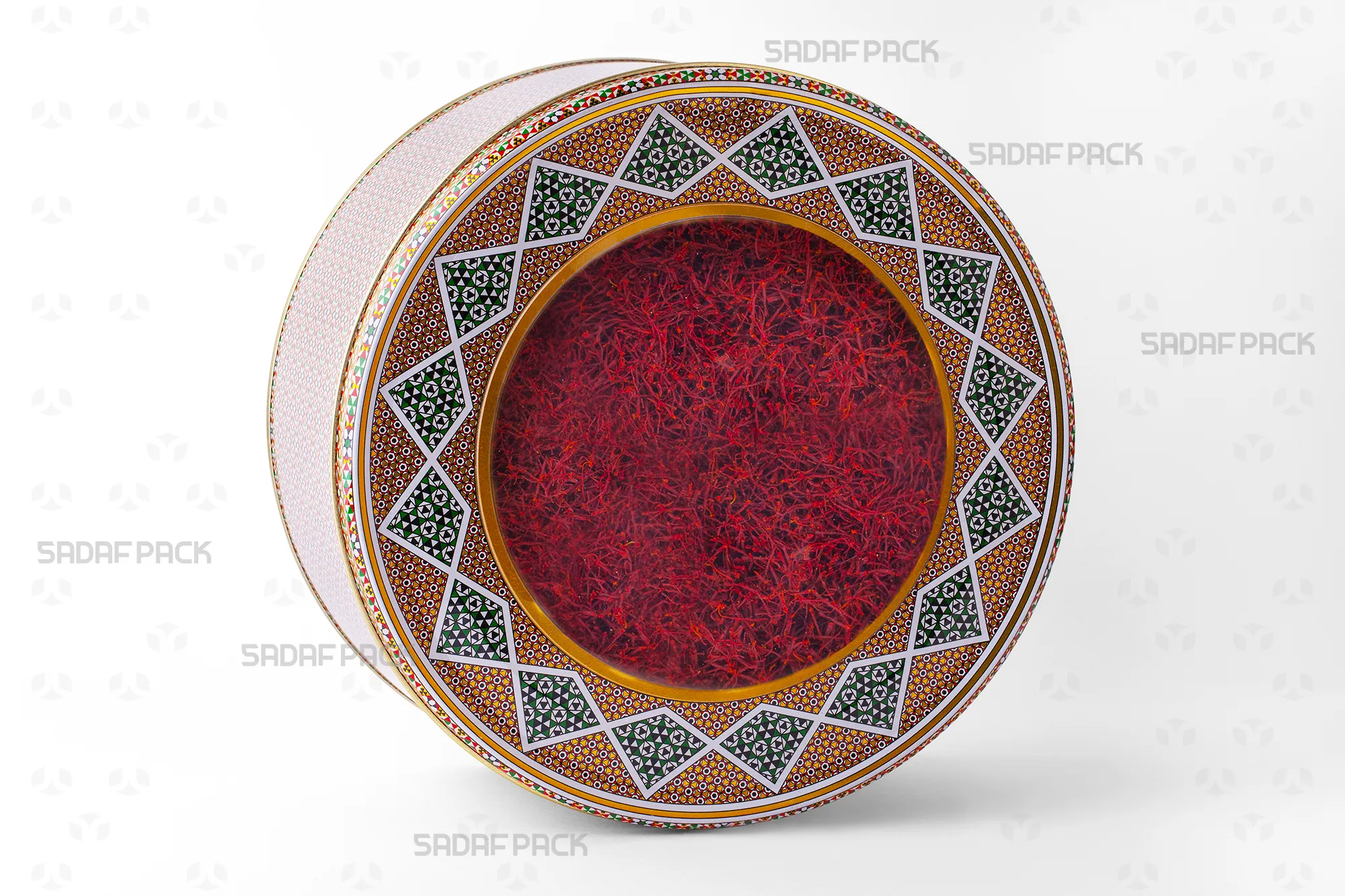 قوطی فلزی گرد 23 در 10 سانت پر شده با زعفران، مناسب برای بستهبندی صادراتی خشکبار و آجیل