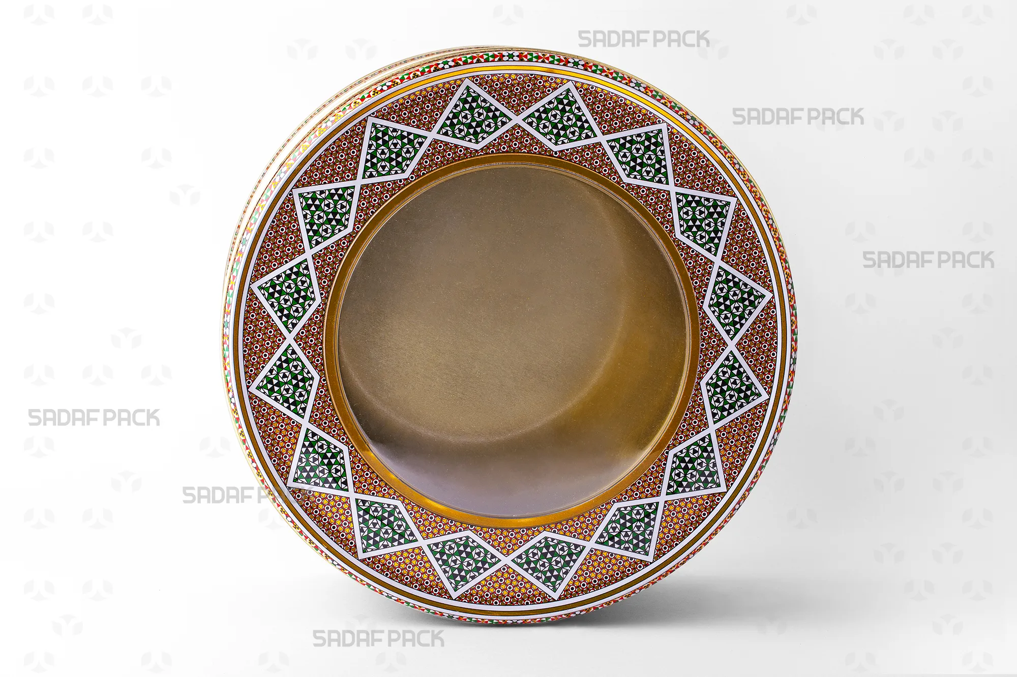 نمای روبرو از قوطی فلزی گرد با قطر 23 و ارتفاع 10 سانت که ساختار بدنه و درب فلزی آن را نشان میدهد