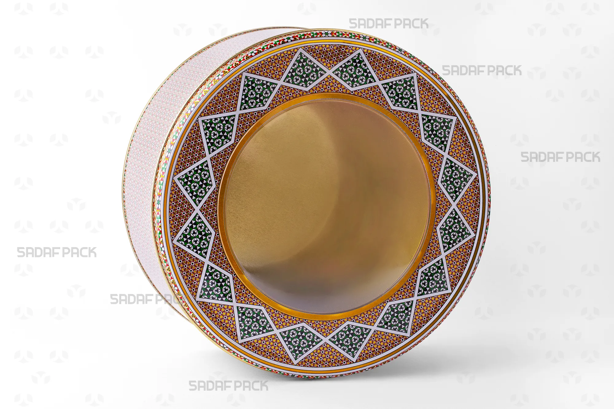 ظروف فلزی گرد صدف پک مدل قوطی 23 در 10 سانت از نمای سه رخ برای نمایش طراحی و ابعاد