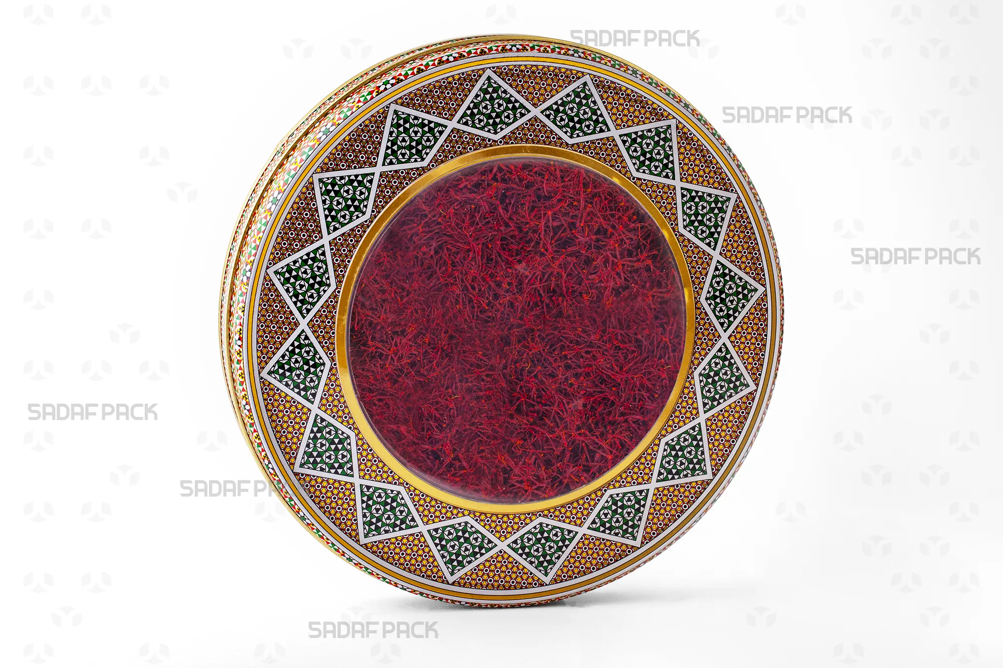 قوطی فلزی با قطر 23 سانتی متر و ارتفاع 2 سانتی متر صدف پک پر شده با زعفران، یک گزینه ایده آل برای بسته بندی صادراتی شیرینی های نازک و آجیل.