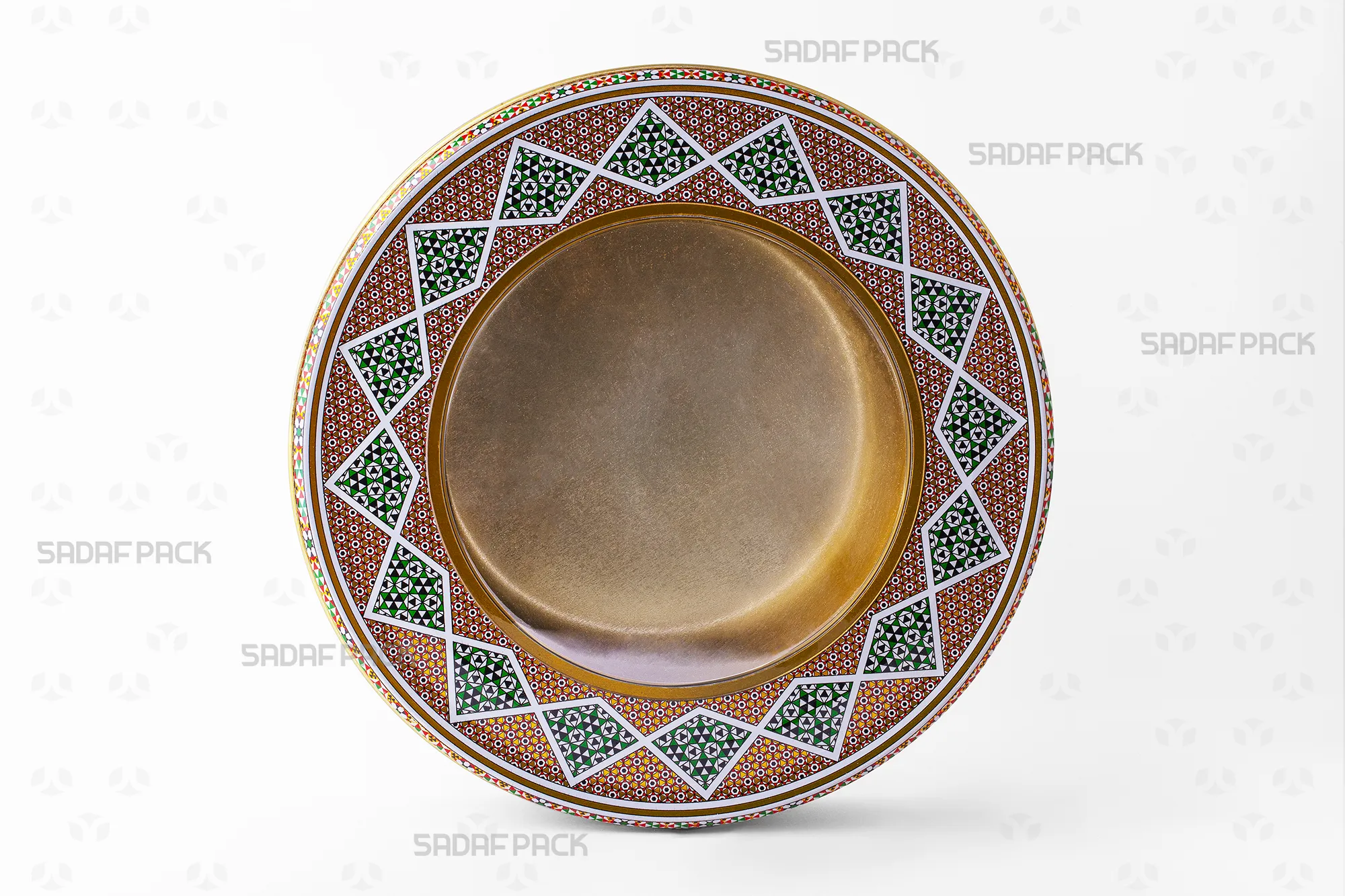 نمای روبرو از قوطی فلزی گرد با قطر 23 سانت و ارتفاع 4 سانت، نمایش دهنده ساختار فلزی و درب آن