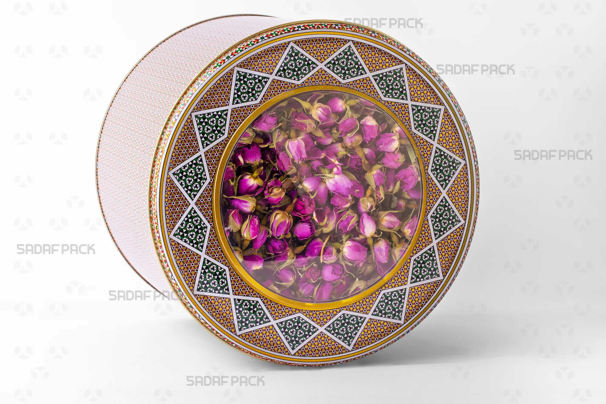 قوطی فلزی استوانهای 23 در 17 سانت پر شده با غنچه گل محمدی، ایدهآل برای حفظ کیفیت و بستهبندی صادراتی