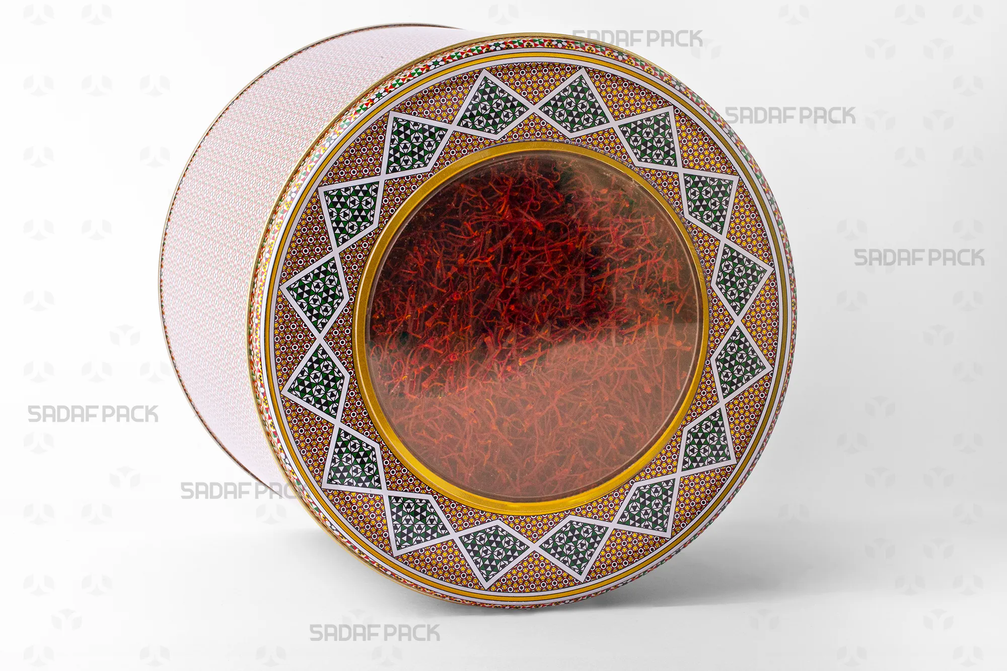 قوطی فلزی استوانهای 23 در 17 سانت پر شده با زعفران، ایدهآل برای حفظ کیفیت و بستهبندی صادراتی