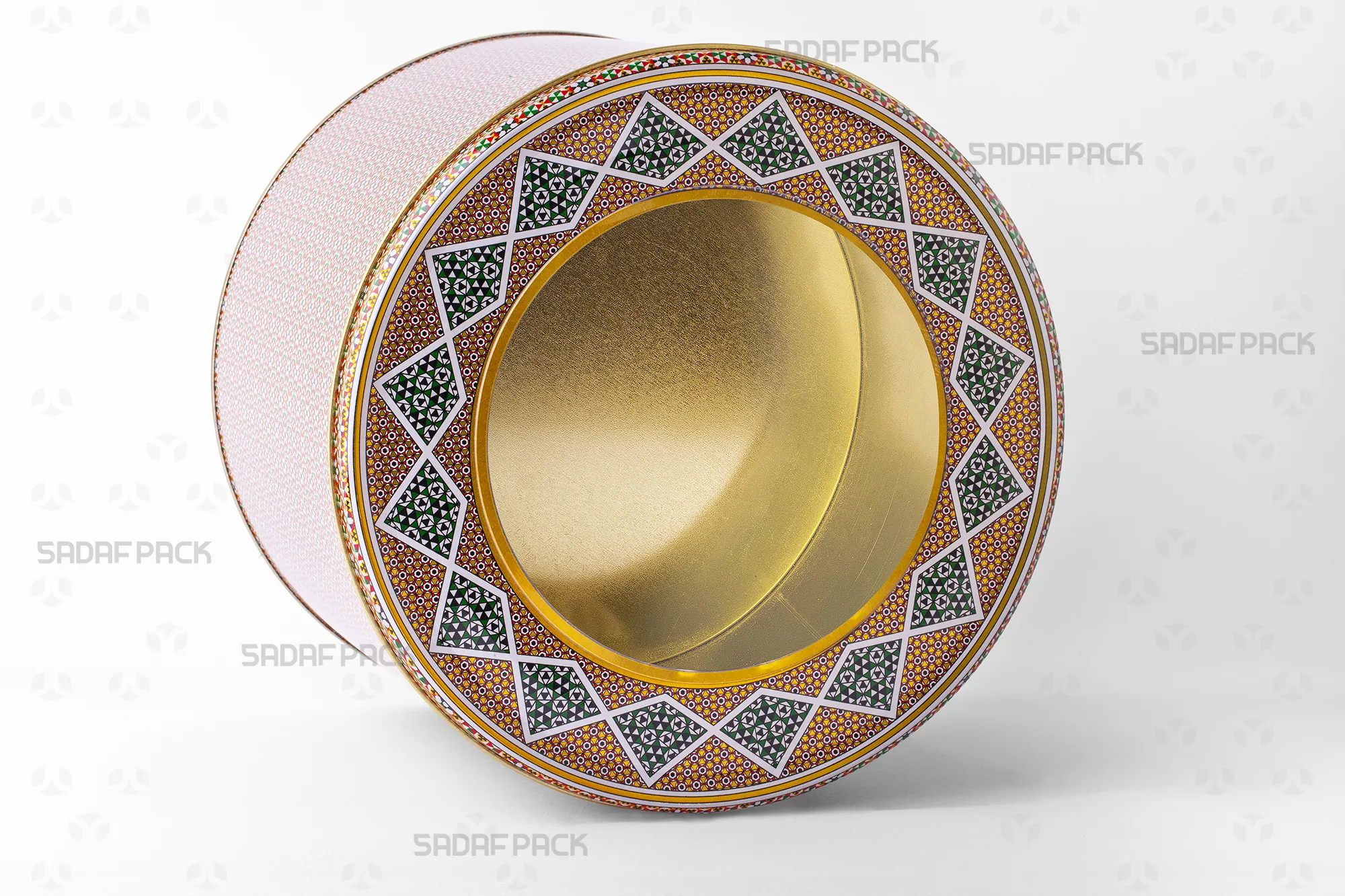 قوطی فلزی استوانهای با قطر 23 و ارتفاع 17 سانتیمتر برای بستهبندی زعفران و خشکبار صادراتی برند صدف پک