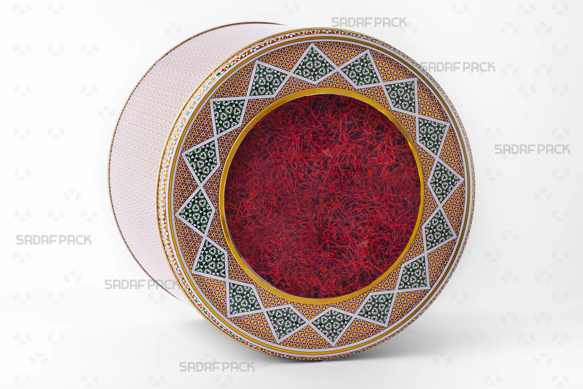 قوطی فلزی گرد 23 در 15 سانت پر شده با زعفران، ایدهآل برای بستهبندی صادراتی