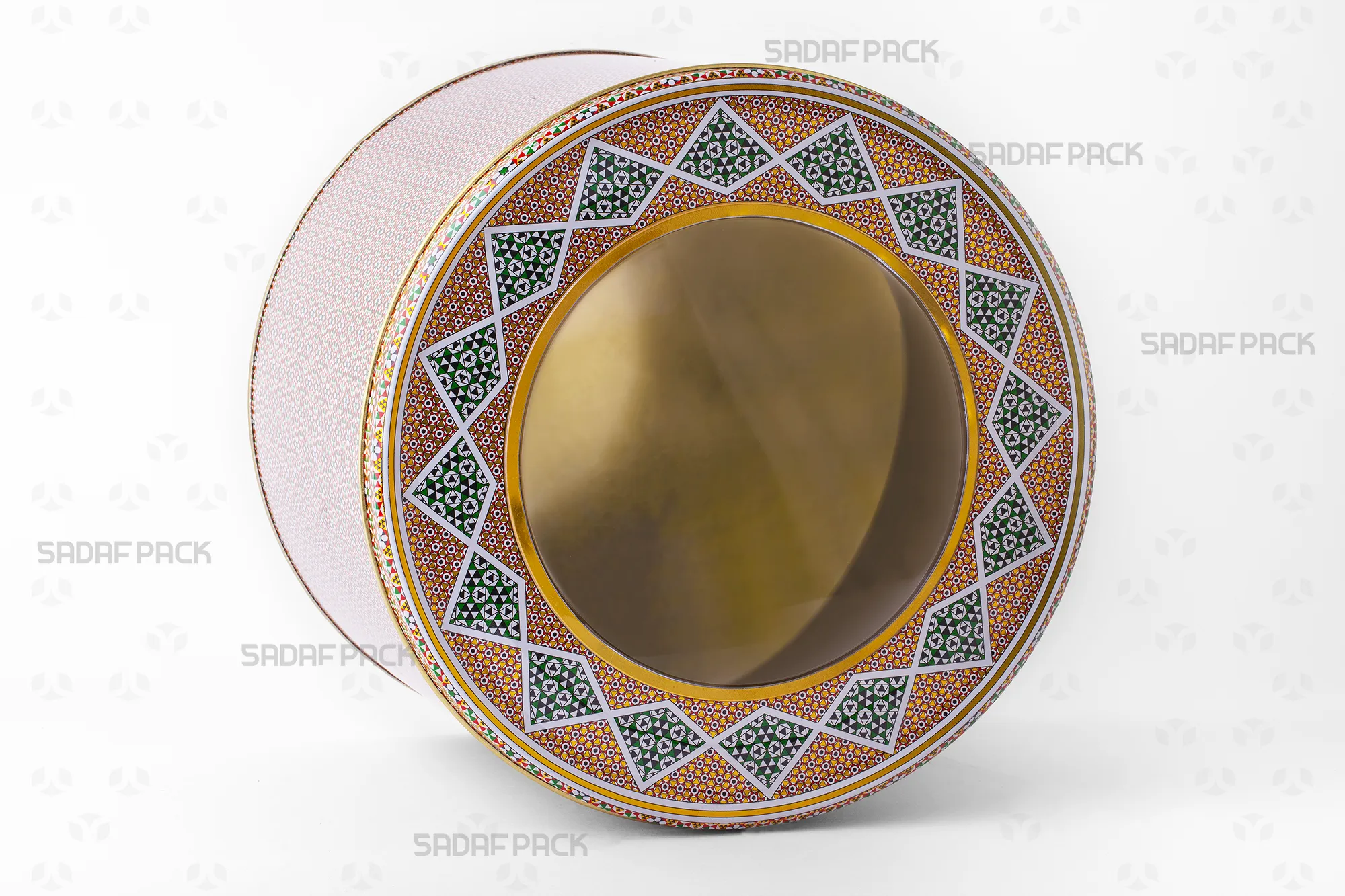 نمای سهرخ قوطی فلزی گرد با قطر 23 و ارتفاع 15 سانتیمتر محصول صدف پک
